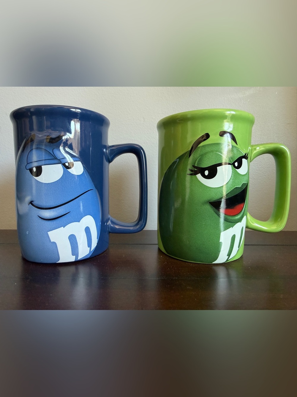 M &M's Coffee Mugs Set of 2 Green & Blue 2008 Mars Inc Collectable Cups